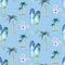 Watercolor style seamless surfing pattern of surf man and woman surfers silhouettes with surfboard wave background