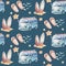 Watercolor style seamless surfing pattern of surf man and woman surfers silhouettes with surfboard wave background