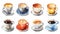 Watercolor style set of several coffee cups on white outlineable background