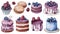 Watercolor style set of several mini cakes with strawberry and blueberry cream, white background