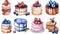 Watercolor style set of several mini cakes with strawberry and blueberry cream, white background