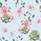 Watercolor style succulent and pink orchid flowers seamless pattern, branch of berries, greenery.