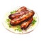 Watercolor-Style tasty grilled sausages with White Background