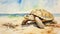 Watercolor style tortoise on a sandy beach. AI generated