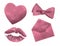 Watercolor style Valentine drawing collection with pink heart, lipstick kiss print, ribbon and love letter