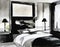 Watercolor of Stylish bedding and artwork in a chic and modern bedroom of a luxurious