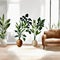 Watercolor of A stylish Scandinavian boho living room with carefully curated adorned with a vase of plants on a