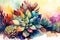 watercolor succulent painting, with abstract background and vibrant colors