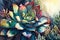 watercolor succulent painting, with abstract background and vibrant colors