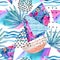 Watercolor summer background with flowers, fan palm leaves, doodles, lines, geometrical shapes.