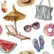 Watercolor summer beach pattern. Hand painted summer vacation objects: sunglasses, beach umbrella, beach chair, straw