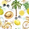 Watercolor summer beach seamless pattern. Pineapple, lemon, sunglasses, beach hat, bicycle, palm tree, starfish on white