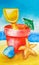 Watercolor summer beach toys in the sand concept for holiday and vacations. Bucket, spade, umbrella, shell and starfish on