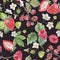 Watercolor summer berries seamless pattern. Fruits strawberries, raspberry texture on black