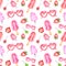 Watercolor summer berry popsicles seamless pattern on white background. Heart shaped sunglasses, strawberry, lollipop