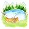 Watercolor Summer camping landscape, lake, boat, fishing rod, forest, mountains. Sport camp adventures in nature, hiking