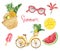 Watercolor summer elements set. Straw bag, pineapple, bicycle, berry popsicle, tropical leaves, watermelon, lemon