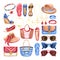Watercolor summer fashion set with woman accessories. Hand drawn sunglasses, jewelry, hats, bags and shoes
