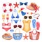 Watercolor summer fashion set with woman beach accessories. Hand drawn sunglasses, hats, bags, swimsuits, ball, lifebuoy, ice