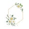 Watercolor summer floral fields golden geometrical wreath with daisy narcissus flowers