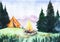 Watercolor summer landscape. Camping in the wild. Clearing with tent and campfire surrounded by pine trees against background of