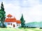 Watercolor summer landscape. Cute white building with small tower and red roof, high cypresses, green meadow and blurry outlines