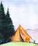 Watercolor summer landscape. Orange tent in forest clearing surrounded by pine trees against pale background of mountain range.