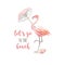 Watercolor summer logo. Flamingo, umbrella, shell and inscription Let`s go to the beach