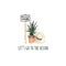 Watercolor summer logo. Pineapple, hat and inscription Let`s go to the ocean. Watercolor illustration