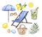 Watercolor summer marine illustration. Beach chair, umbrella, sunglasses, bag, mojito cocktail, isolated