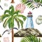 Watercolor summer marine print. Nautical seamless patter with lighthouse, island, palm tree, seagull, tropical leaf on white
