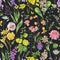 Watercolor summer meadow flowers, wildflowers seamless pattern