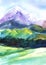 Watercolor summer mountain landscape. Chain of mountain ranges, wooded blurry hills and mountains with snow-capped peaks. Soft