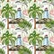 Watercolor summer nautical print. Marine sryle seamless pattern with lighthouse, island, palm tree, seagull, tropical leaf on