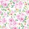 Watercolor summer  seamless pattern with flowers and branches. Flat Graphic florals. Mid and Large scale blooms.