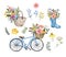 Watercolor summer or spring illustration. Hand painted wild flowers, blue bicycle with floral basket, rain boot vase, bouquet
