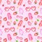 Watercolor summer sweet dessert seamless pattern with sweet popsicles, candy, sunglasses and srtawberry on pink background.