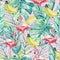 Watercolor summer tropical floral, fruit and bird, wildlife, seamless pattern tropical leaves, flamingo, banana.