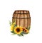 Watercolor sunflower bouquet. Wooden barrel and sunflowers. Farmhouse rustic clipart isolated on white background..