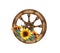 Watercolor sunflower bouquet. Wooden wheel and sunflowers. Farmhouse rustic clipart isolated on white background..
