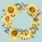 Watercolor sunflowers summer vintage wreath. Natural yellow floral frame