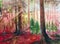 Watercolor sunlit red forest with tall spruces, firs and pines