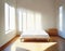 Watercolor of Sunny minimal bedroom with cozy floor mattress by