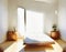 Watercolor of Sunny minimal bedroom with cozy floor mattress by