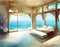 Watercolor of Surreal bedroom with stunning ocean