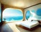 Watercolor of Surreal bedroom with stunning ocean