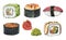 Watercolor sushi set of rolls, nigiri with tuna, gunkans with wasabi and pickled ginger