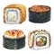 Watercolor sushi set of rolls Philadelphia, unagi, gunkan