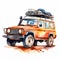 Watercolor Suv Clipart With Red, Orange, And White Luggage On Roof