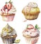 Watercolor sweet set of cupcakes with toppings, isolated on white background.